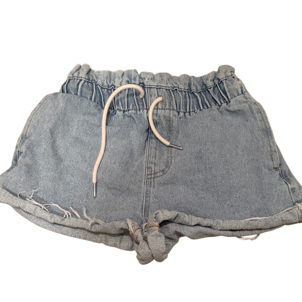 RSQ Women Light‎ Wash Denim Paperbag Waist Drawstring Shorts Raw Hem XS